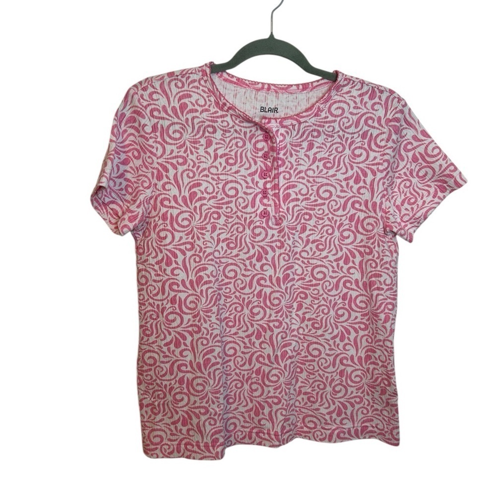 Blair Pink and White Swirl Pointelle Henley Tee